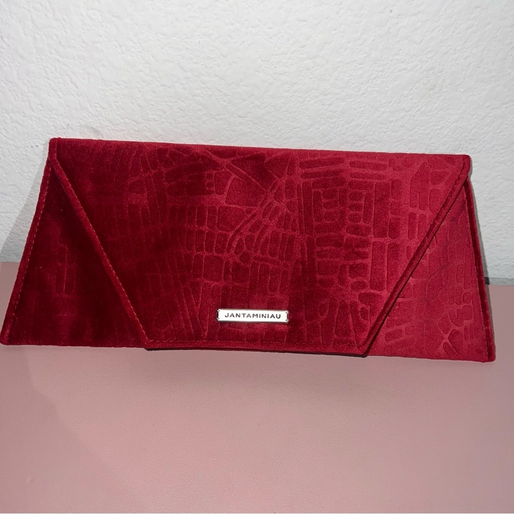 JANTAMINIAU Envelope Style Clutch Royal Red Raised Design Velour Fabric Branded‎